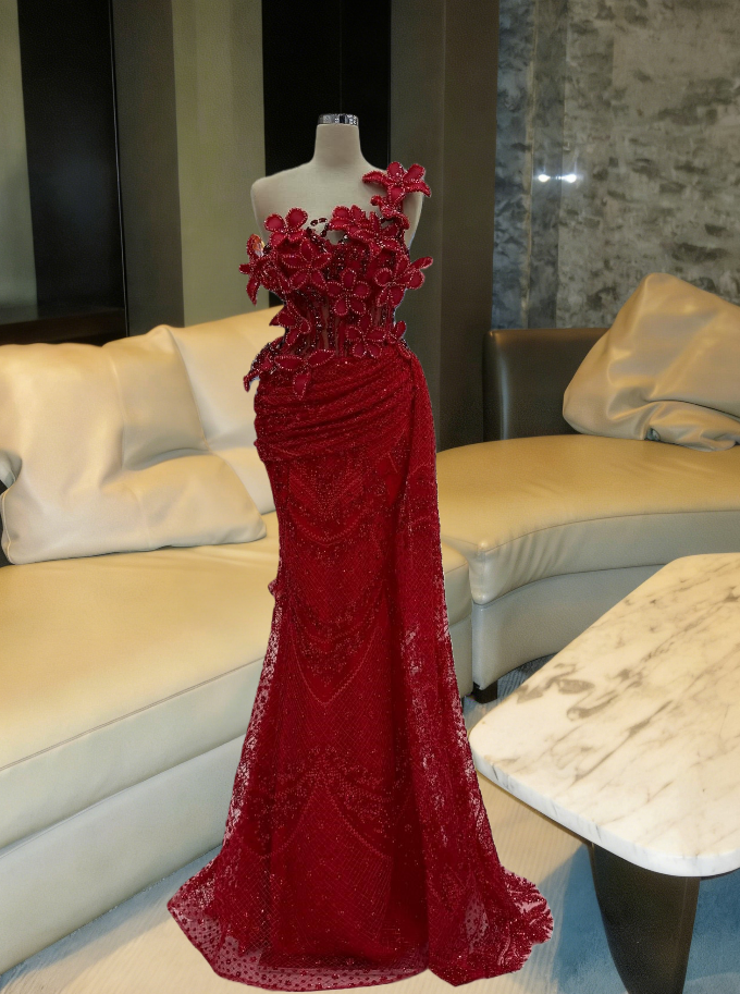 Luxurious One Shoulder Red Mermaid Evening Dresses Crystals Sequins Floral Prom Dress AP6327