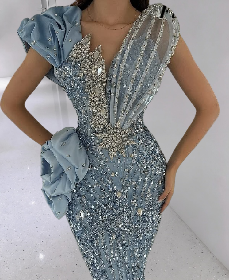 Luxury Sheath V Neck Sweet 16th Dresses Handmade Flower Sequins Crystals Prom Dress AP6328