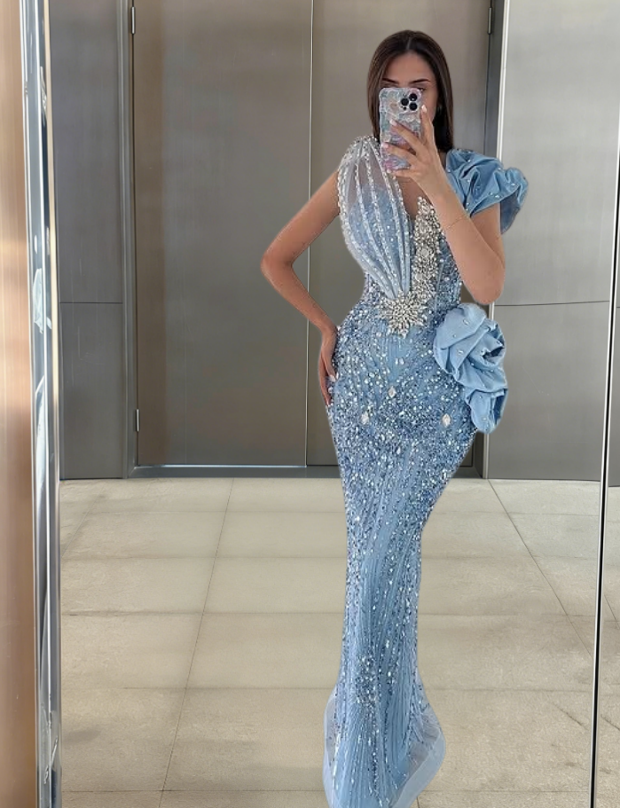 Luxury Sheath V Neck Sweet 16th Dresses Handmade Flower Sequins Crystals Prom Dress AP6328
