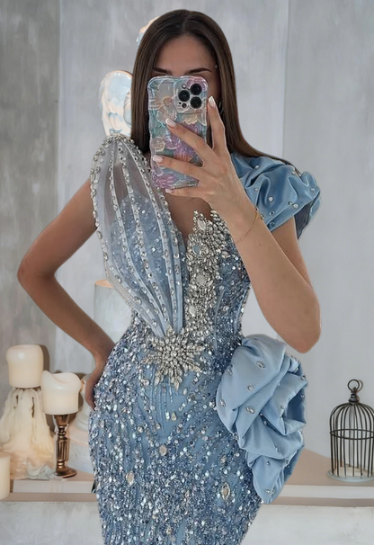 Luxury Sheath V Neck Sweet 16th Dresses Handmade Flower Sequins Crystals Prom Dress AP6328