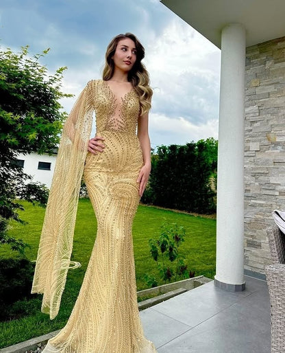 Elegant V Neck Yellow Sash Sweet 16th Mermaid Dresses Beading Sequins Prom Dress AP6330