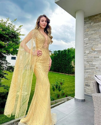 Elegant V Neck Yellow Sash Sweet 16th Mermaid Dresses Beading Sequins Prom Dress AP6330