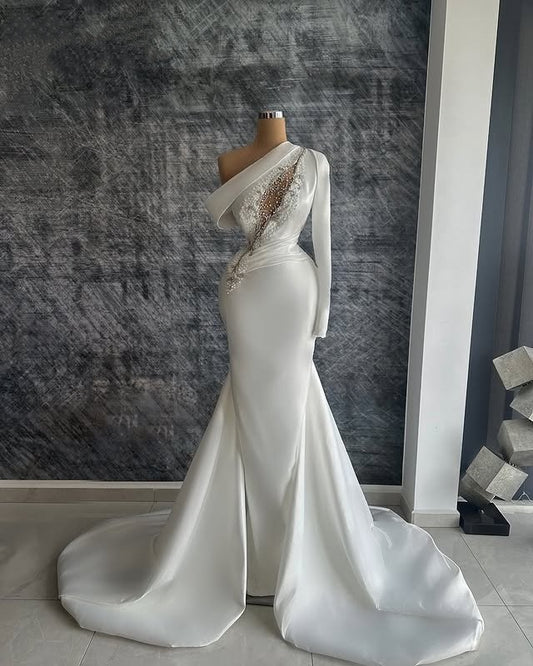 Sweet Asymmetric Neck Sheath Satin Bridal Dress Long Sleeve Crystals Beads Wedding Dress AP6333
