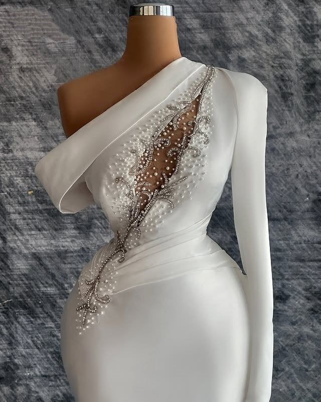 Sweet Asymmetric Neck Sheath Satin Bridal Dress Long Sleeve Crystals Beads Wedding Dress AP6333