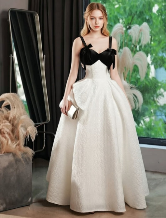 Alluring Spaghetti Strap A-Line Evening Gowns Bows Color-Blocked Prom Dress AP6337