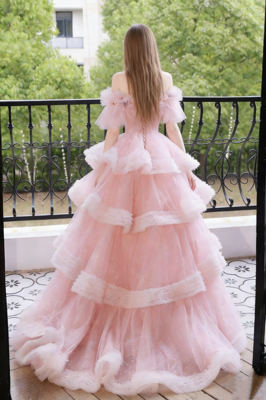 Ethereal Floral Off-Shoulder Tiered A-Line Sweet 16th Gowns Ruffled Tulle Sequins Prom Dress AP6338