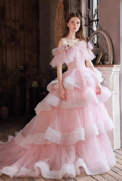 Ethereal Floral Off-Shoulder Tiered A-Line Sweet 16th Gowns Ruffled Tulle Sequins Prom Dress AP6338