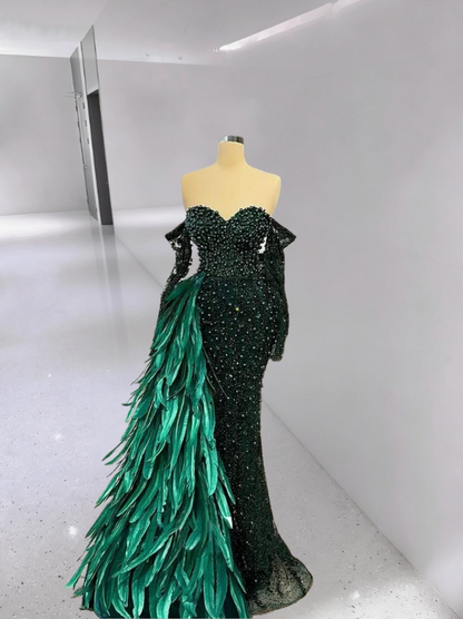 Sheen Off-Shoulder Long Sleeve Evening Mermaid Dress Beading Sequins Feather Prom Dress AP6339
