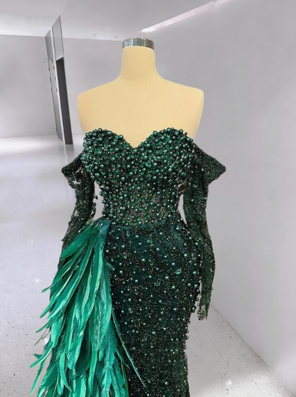 Sheen Off-Shoulder Long Sleeve Evening Mermaid Dress Beading Sequins Feather Prom Dress AP6339