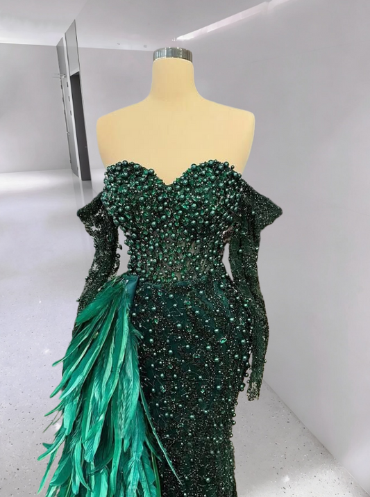 Sheen Off-Shoulder Long Sleeve Evening Mermaid Dress Beading Sequins Feather Prom Dress AP6339