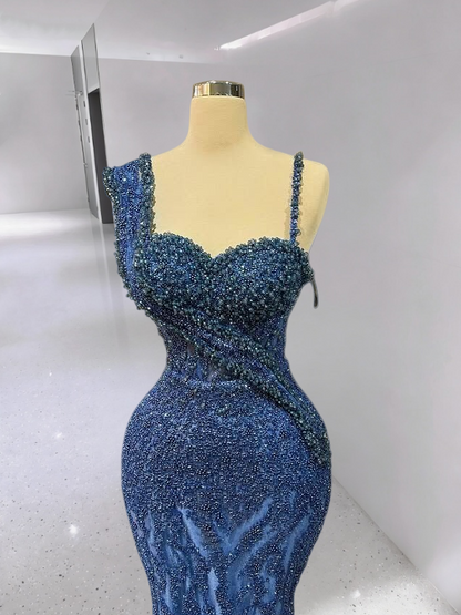 Gorgeous Spaghetti Straps Blue Long Evening Dresses Beading Sequins Mermaid Prom Dress AP6340