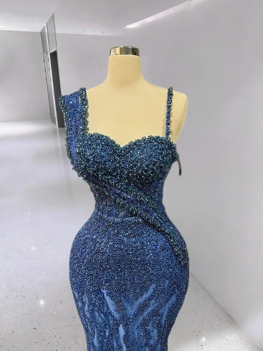 Gorgeous Spaghetti Straps Blue Long Evening Dresses Beading Sequins Mermaid Prom Dress AP6340