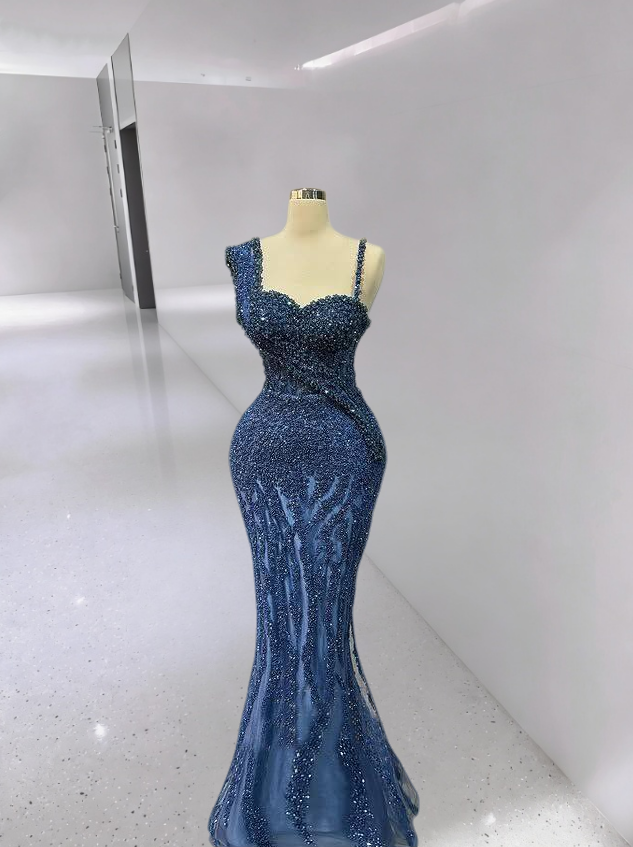 Gorgeous Spaghetti Straps Blue Long Evening Dresses Beading Sequins Mermaid Prom Dress AP6340