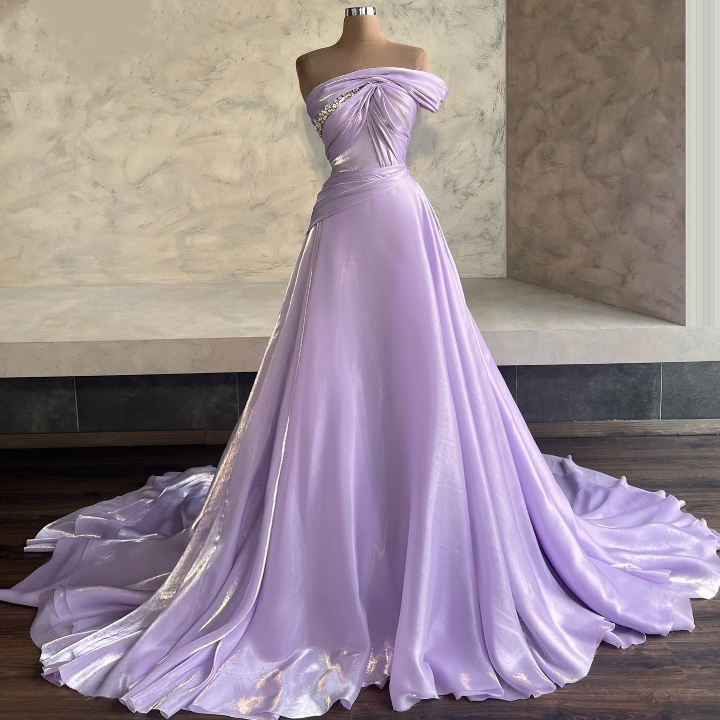 Glam A-Line One Shoulder Sweet 16th Gowns Crystals Satin Prom Dress AP6341
