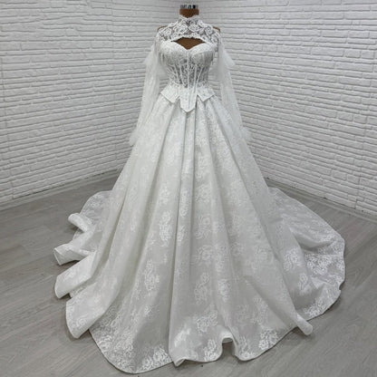 Glamorous High Collar A-Line Bridal Gowns Long Sleeve Lace Tulle Wedding Dress AP6342