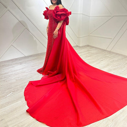 Dramatic Red Sheath Off-Shoulder Sweet 16th Dresses Sequins Handmade Flowers Prom Dress AP6343