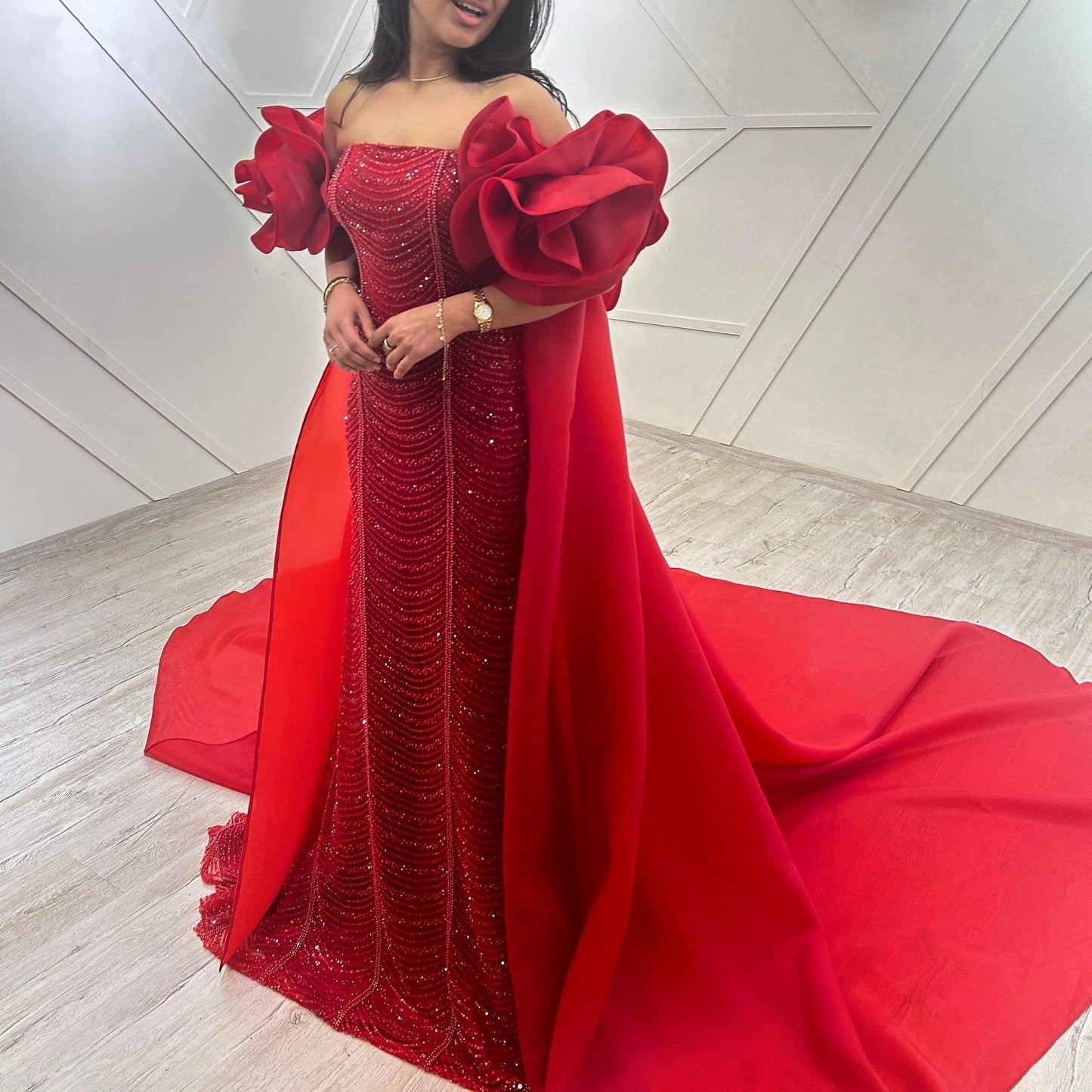 Dramatic Red Sheath Off-Shoulder Sweet 16th Dresses Sequins Handmade Flowers Prom Dress AP6343