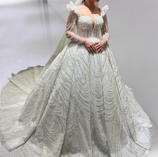 Stunning Square Neck A-Line Bridal Gowns Beading Sequins Long Sleeve Wedding Dress AP6344