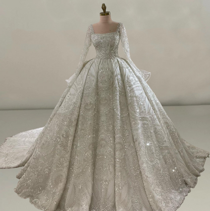 Novelty Square Neck Long Sleeve Bridal Gowns A-Line Sequins Beads Wedding Dress AP6345