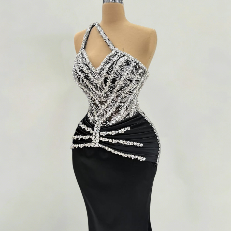 Unique One Shoulder Black Mermaid Evening Dresses Sequins Rhinestones Prom Dress AP6346