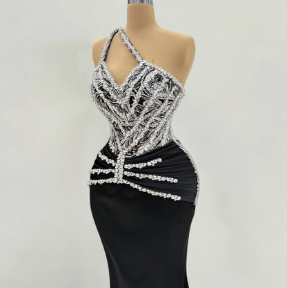 Unique One Shoulder Black Mermaid Evening Dresses Sequins Rhinestones Prom Dress AP6346