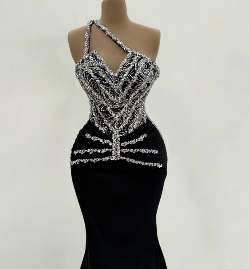 Unique One Shoulder Black Mermaid Evening Dresses Sequins Rhinestones Prom Dress AP6346