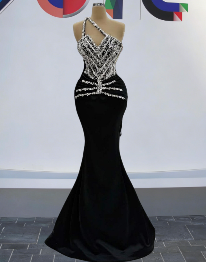 Unique One Shoulder Black Mermaid Evening Dresses Sequins Rhinestones Prom Dress AP6346
