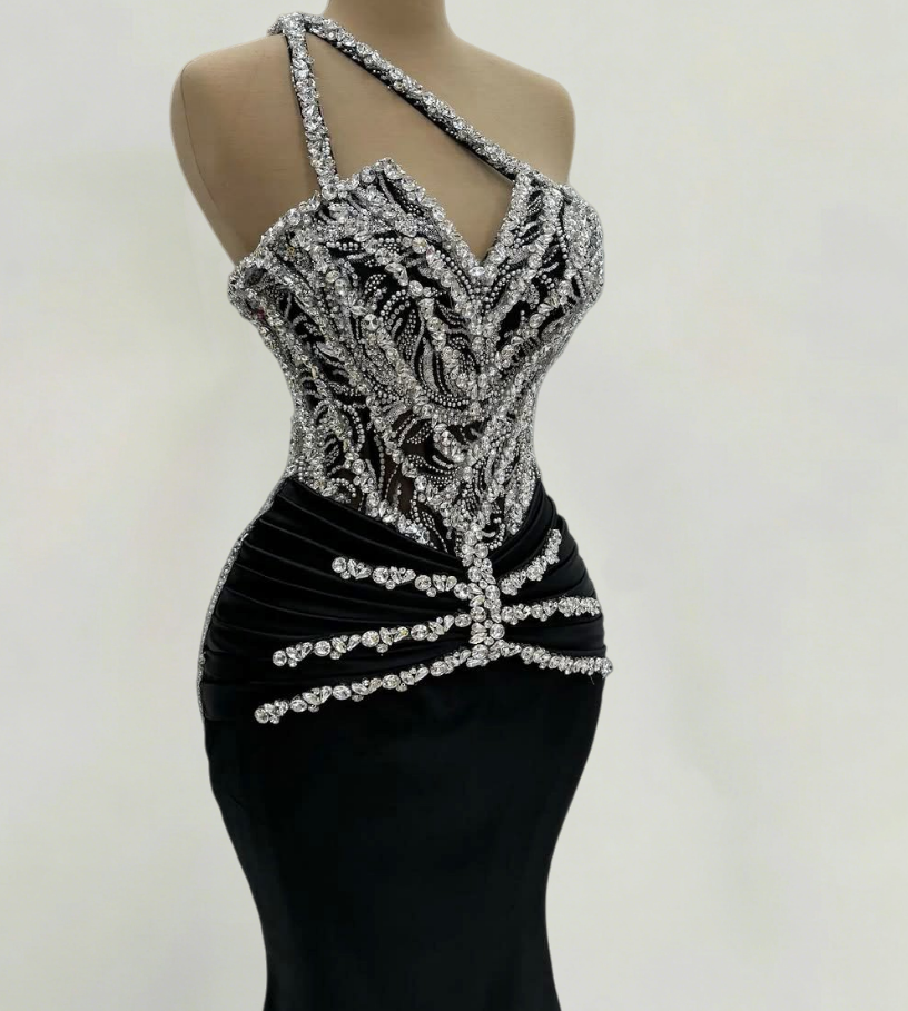 Unique One Shoulder Black Mermaid Evening Dresses Sequins Rhinestones Prom Dress AP6346