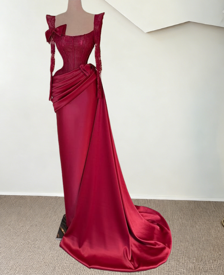 French Style Square Neck Sheath Red Evening Dress Lace Long Sleeve Bows Satin Prom Dress AP6349