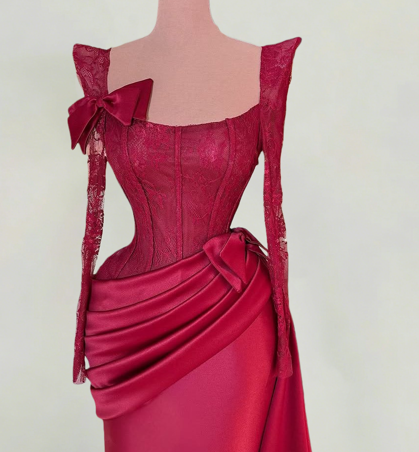 French Style Square Neck Sheath Red Evening Dress Lace Long Sleeve Bows Satin Prom Dress AP6349