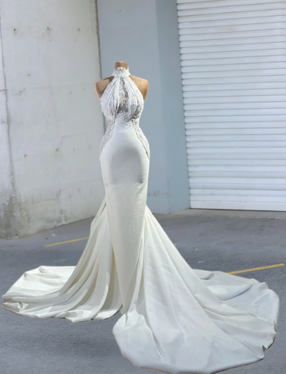 Charming Halter Neck Satin Bridal Mermaid Dresses Sequins Beads Lace Wedding Dress AP6350