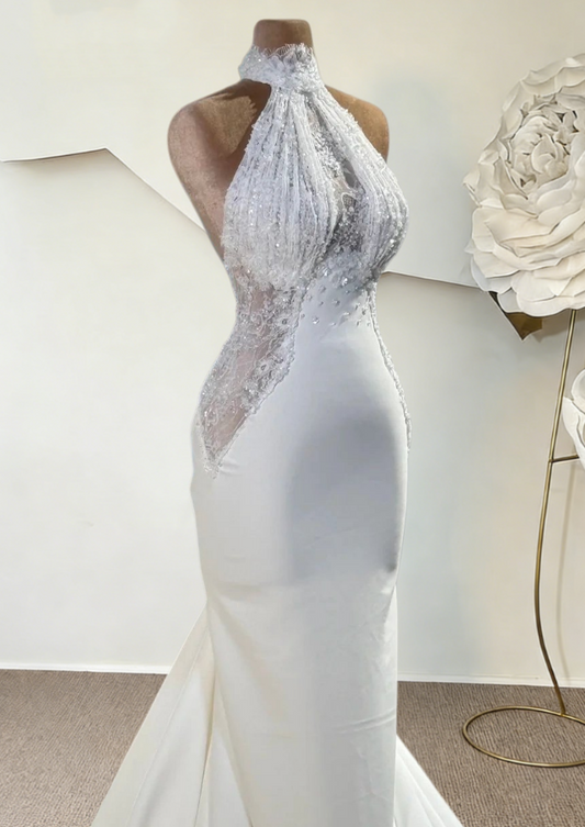 Charming Halter Neck Satin Bridal Mermaid Dresses Sequins Beads Lace Wedding Dress AP6350