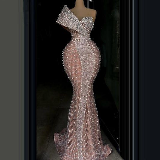 Dopamine Style One Shoulder Mermaid Evening Dresses Pearls Sequins Prom Dress AP6351