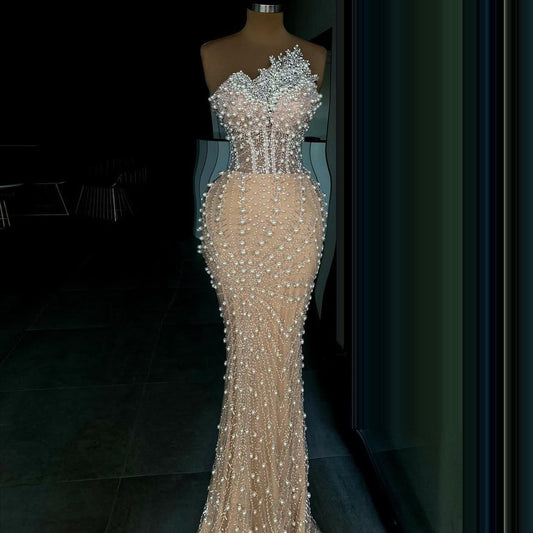 Sparkly Strapless Mermaid Evening Dresses Pearls Crystals Prom Dress AP6352