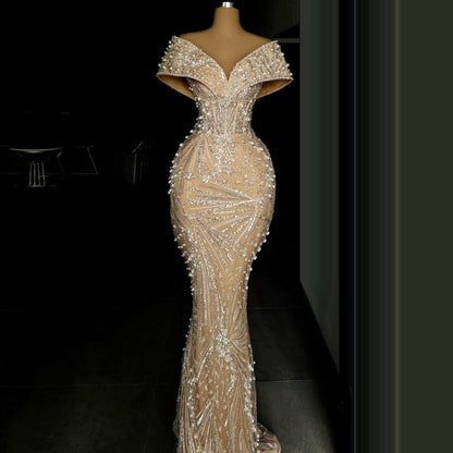 Playful Off-Shoulder Sheath Evening Dresses Pearls Sequins Prom Dress AP6353