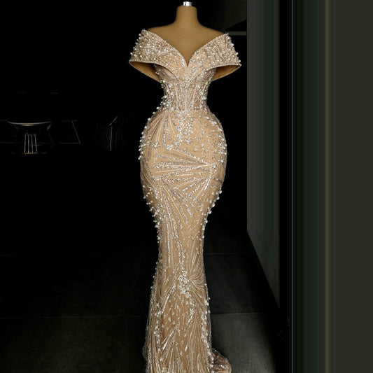 Playful Off-Shoulder Sheath Evening Dresses Pearls Sequins Prom Dress AP6353