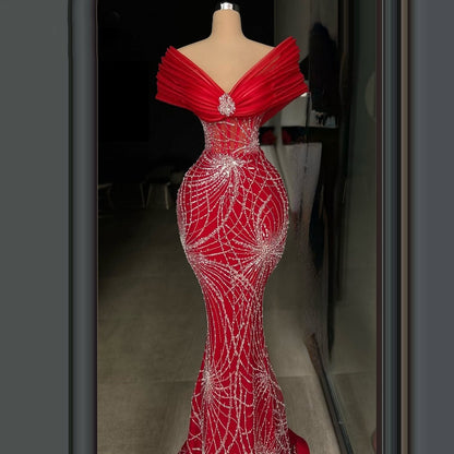 Bling Off-Shoulder Mermaid Evening Dresses Sequins Beads Prom Dress AP6354