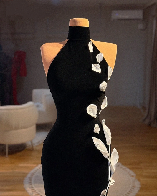 Minimalist Sheath Halter Neck Evening Gowns Petals Black Prom Dress AP6357
