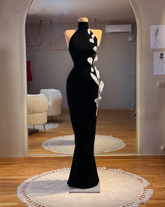 Minimalist Sheath Halter Neck Evening Gowns Petals Black Prom Dress AP6357