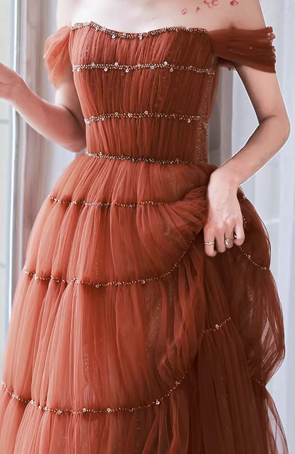 Attractive Off-Shoulder A-Line Tulle Sweet 16th Dresses Sequins Beads Prom Dress AP6359