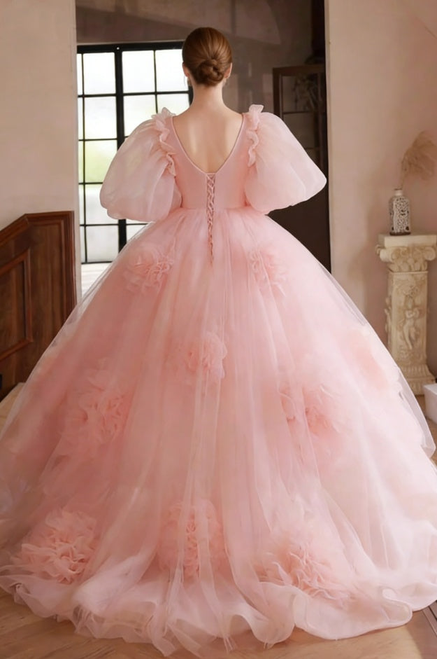 Adorable V Neck Pink A-Line Sweet 16th Gowns Short Sleeve Handmade Flowers Prom Dress AP6360