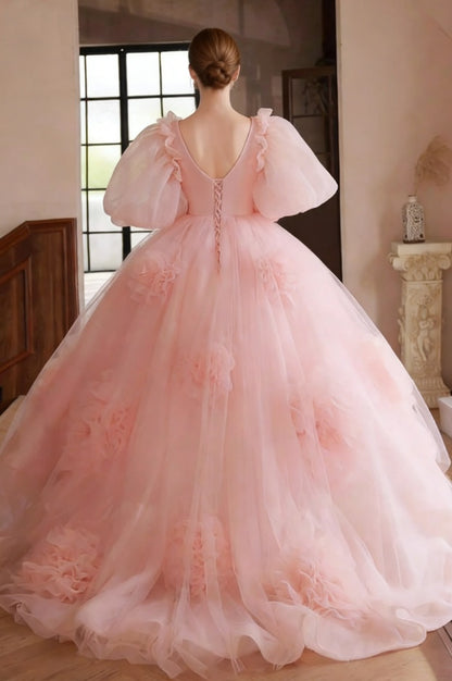 Adorable V Neck Pink A-Line Sweet 16th Gowns Short Sleeve Handmade Flowers Prom Dress AP6360