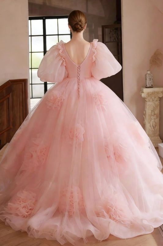 Adorable V Neck Pink A-Line Sweet 16th Gowns Short Sleeve Handmade Flowers Prom Dress AP6360