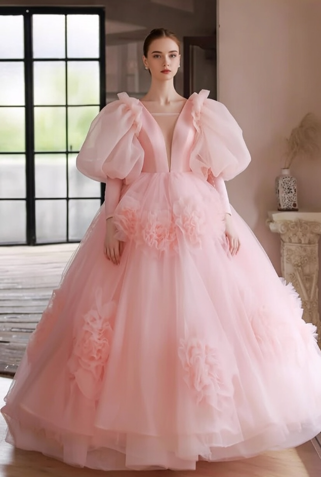 Adorable V Neck Pink A-Line Sweet 16th Gowns Short Sleeve Handmade Flowers Prom Dress AP6360