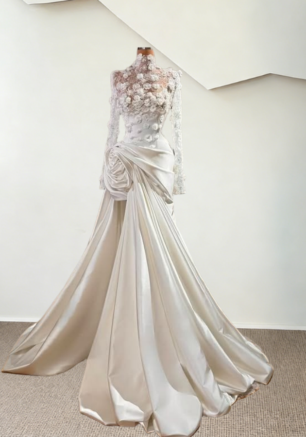 Sexy High Collar Long Sleeve Bridal Mermaid Dress Appliques Sequins Handmade Flower Wedding Dress AP6361