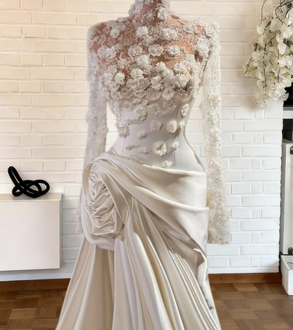 Sexy High Collar Long Sleeve Bridal Mermaid Dress Appliques Sequins Handmade Flower Wedding Dress AP6361