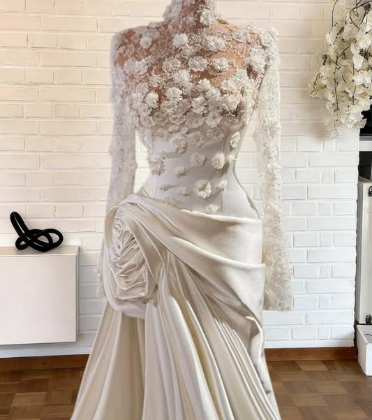 Sexy High Collar Long Sleeve Bridal Mermaid Dress Appliques Sequins Handmade Flower Wedding Dress AP6361