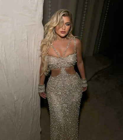 Vogue Sheath Spaghetti Strap Evening Dress Sequins Beading Cutout Prom Dress AP6362