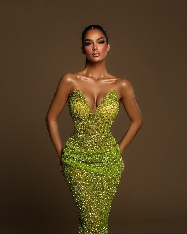 Glittering Sheath Strapless Sweet 16th Dresses Beading Green Prom Dress AP6363