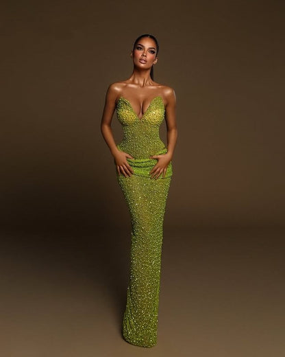 Glittering Sheath Strapless Sweet 16th Dresses Beading Green Prom Dress AP6363
